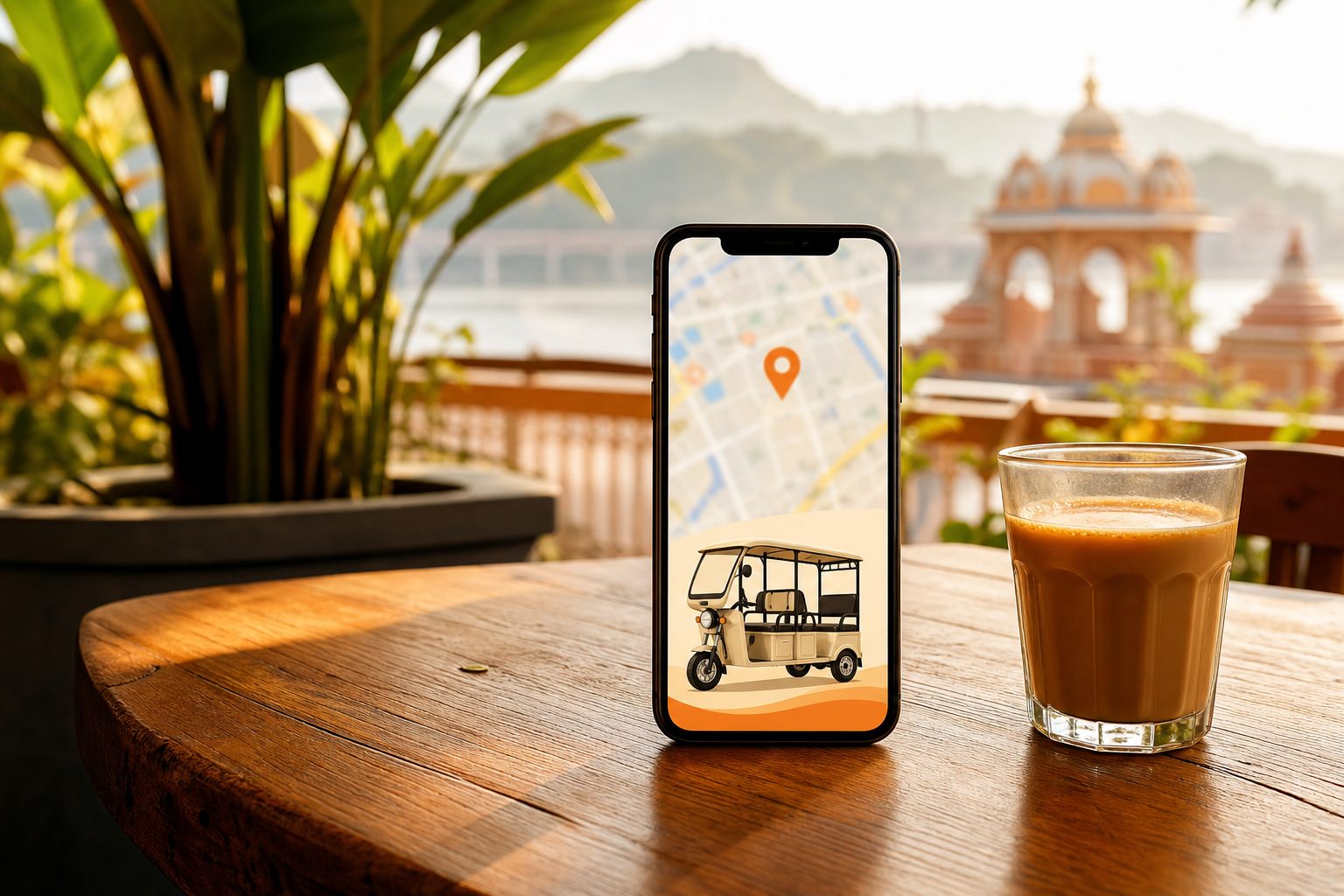 Phone on a cafe table showing a ride map in Guwahati
