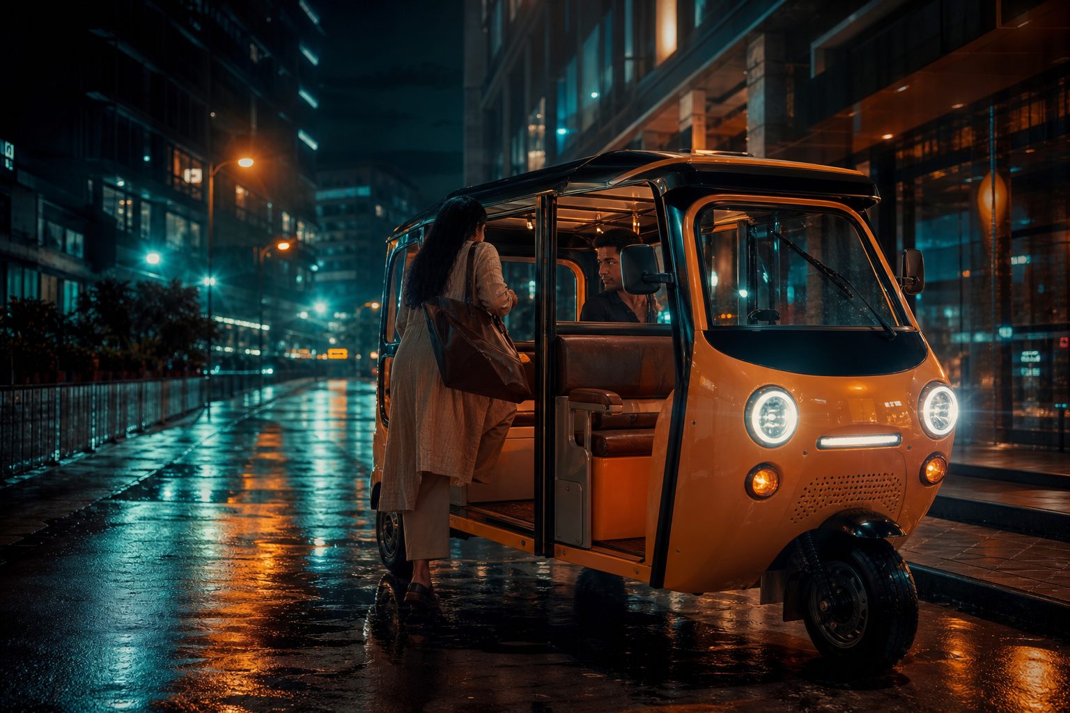 E-rickshaw on a rain-wet Guwahati street at night