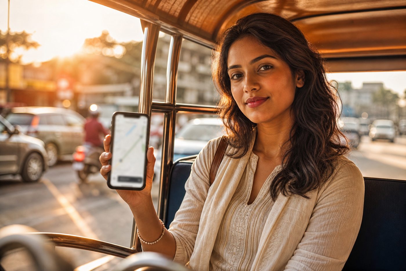 Passenger checking the fare in an e-rickshaw
