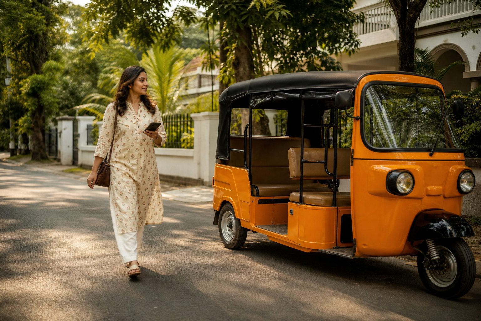 Passenger walking toward a waiting e-rickshaw