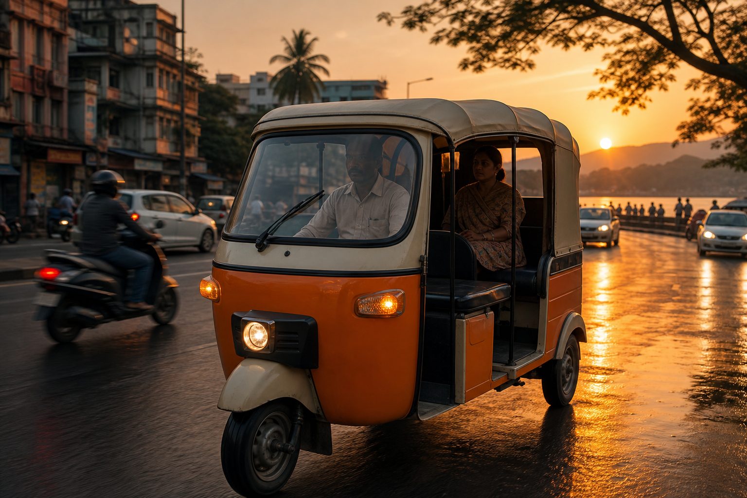 E-rickshaw moving through a Guwahati street at golden hour